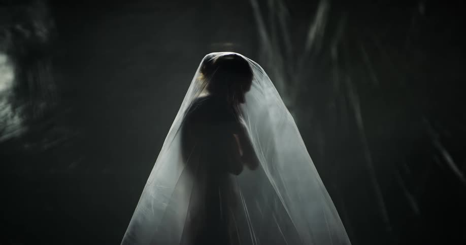 A nude woman is standing under sheer fabric with her arms crossed and hands on her shoulders