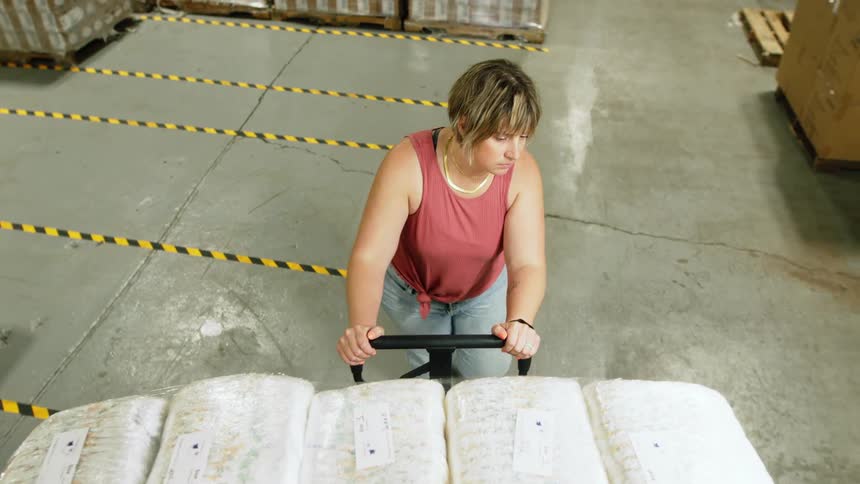 Woman pushes merchandise on large dolly through warehouse and passes pallets and other stacked items