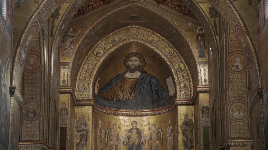 Paintings on the inside walls of a church during the day