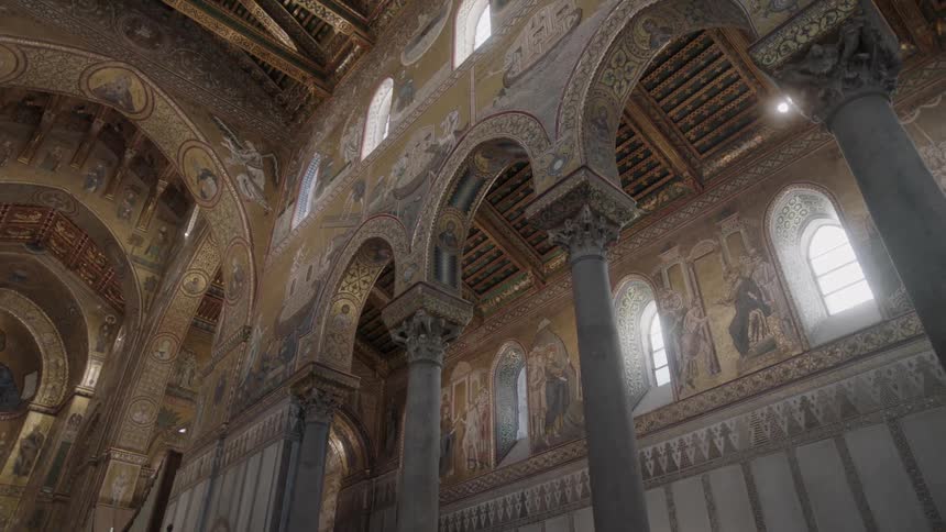 A church has many windows and pillars