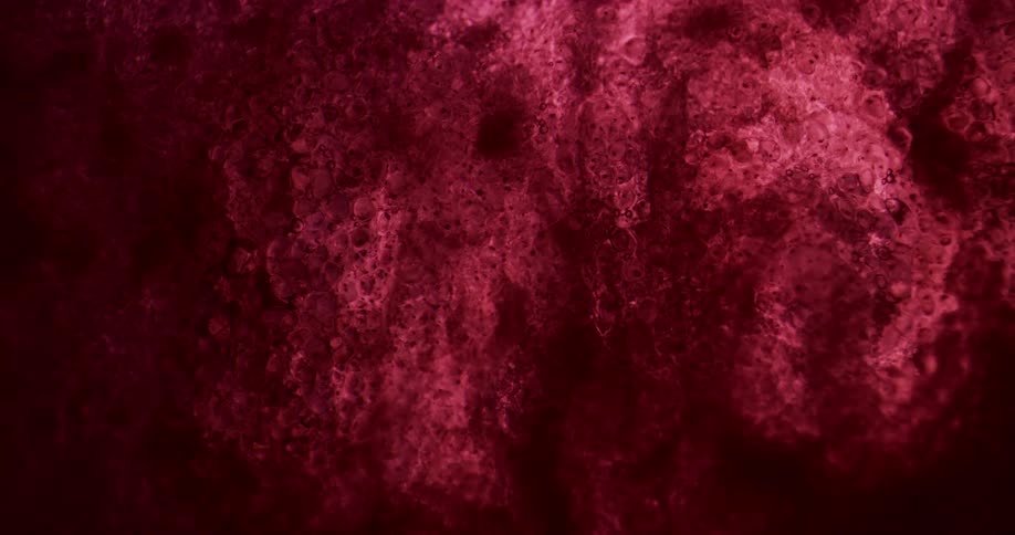 Close up of lights and shadows behind a textured glass stained with red