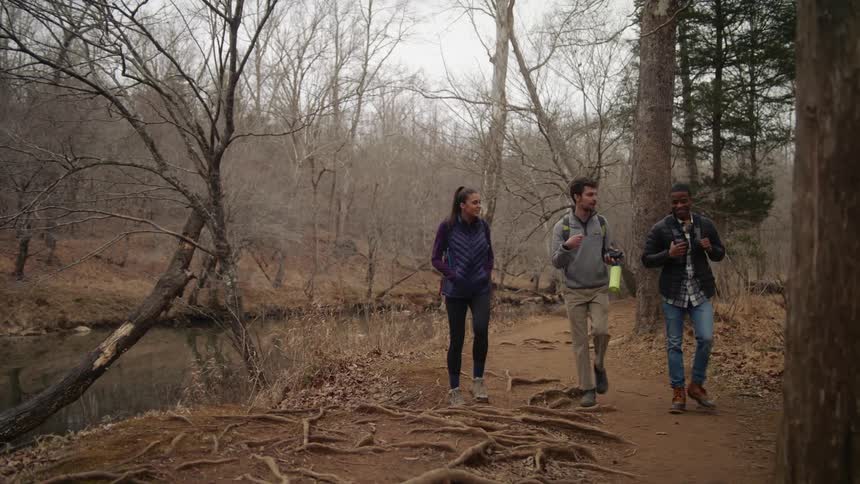 Woman and men walk along river bank in winter forest talking to each other