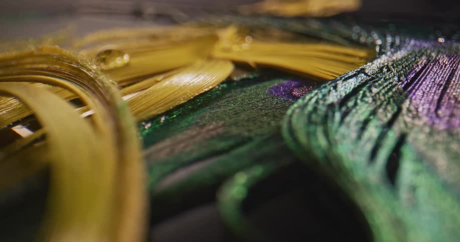 Vivid peacock colored feathery tendrils move over similarly colored feathers