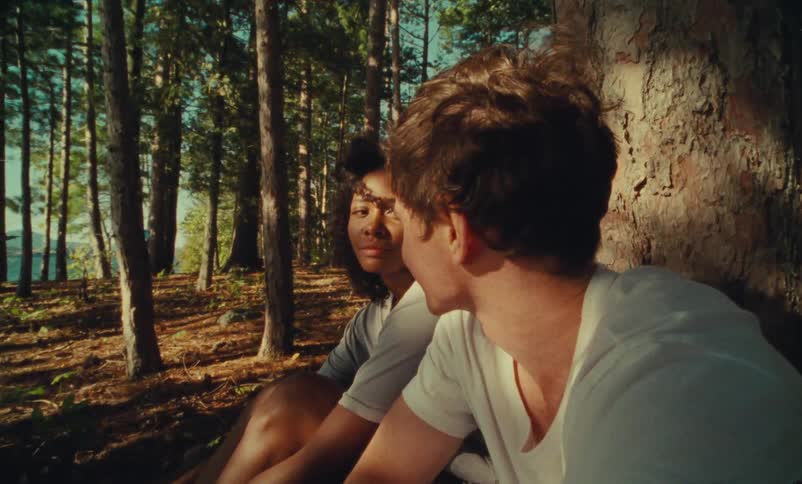 Man and woman are talking in the forest together
