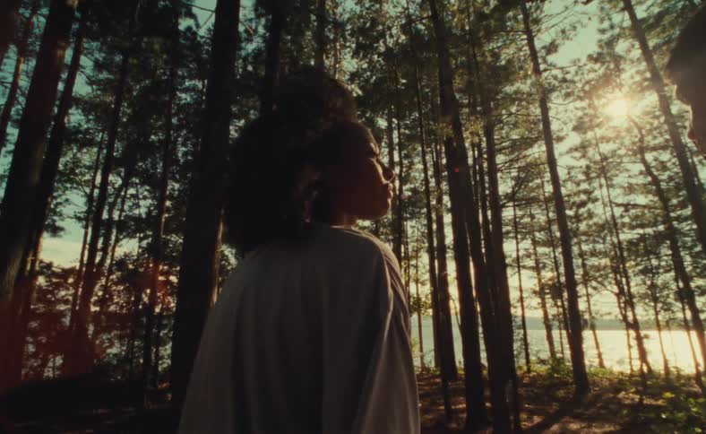 Man and woman are walking through a forest together at dusk