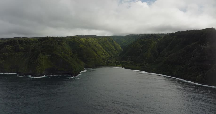 Aerial view of ocean water is displayed