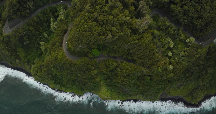 Birds eye view of cars driving near the coast is displayed