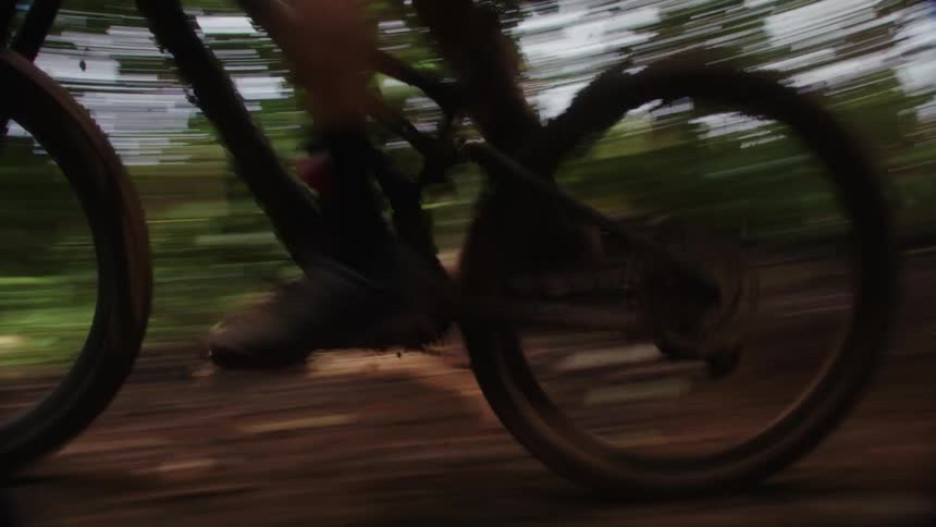 A man rides his bike very fast down a dirt path in the woods