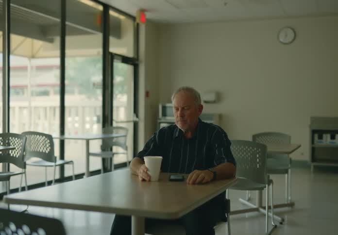 Thoughtful lonely old man sitting at an empty restaurant table holding a cup