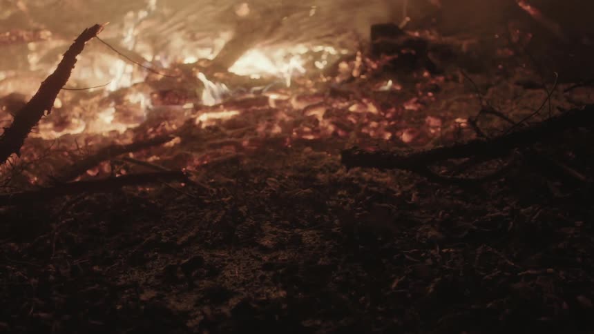Sticks, branches, ashes and embers on the ground in a fire that is burning