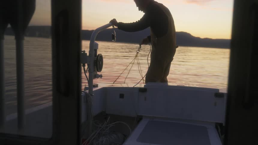 The fisherman pulls the cage from the water