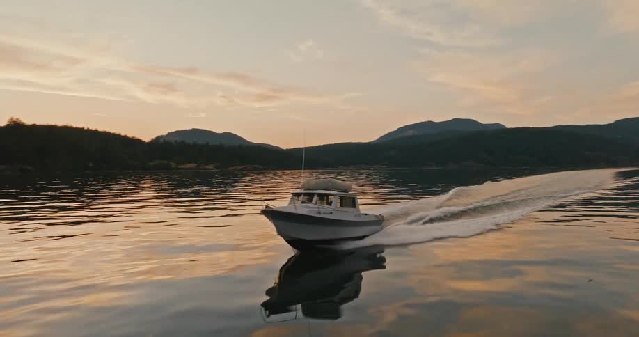 A boat is sailing across the water near shore with a forest along the coast and mountains in the distance