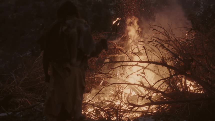 A man holding a torch stands near a fire