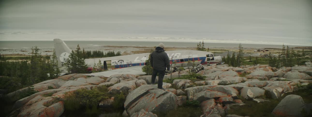 White haired man stands among boulders looking toward plane with ocean in the background