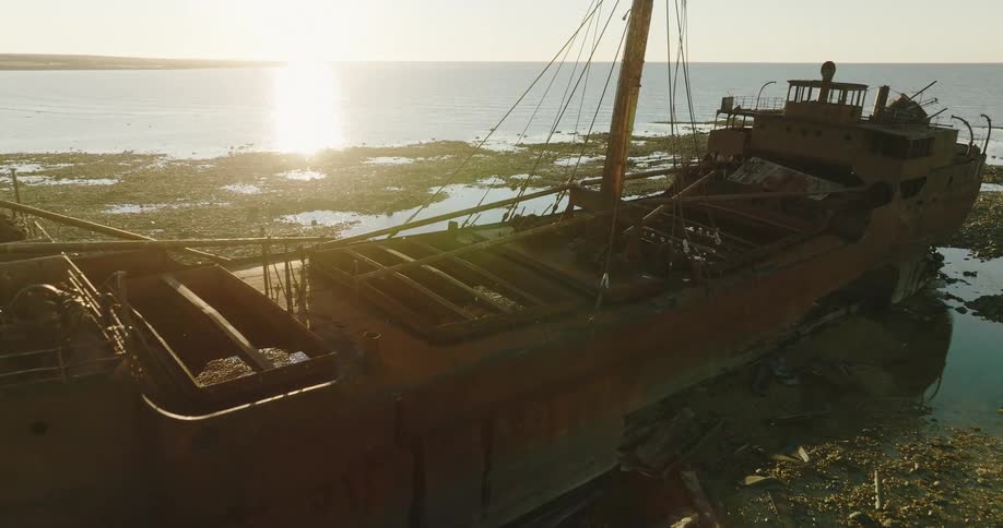 The rusted wreckage of a large ship in a marsh during the day