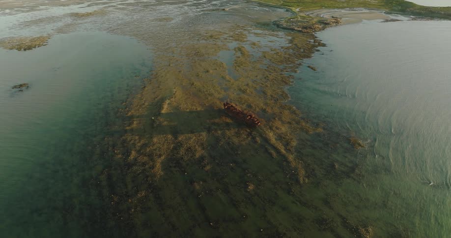 A rusted shipwreck in shallow waters on the coast during the day