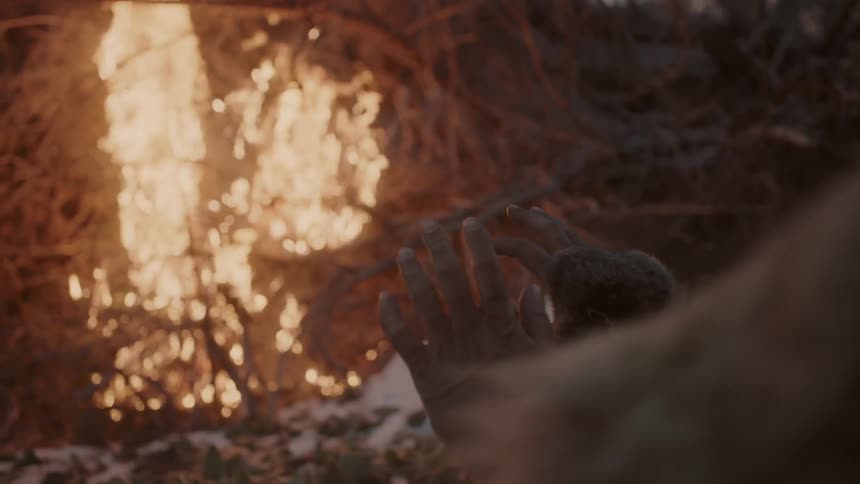 A person is warming their hands by a large fire