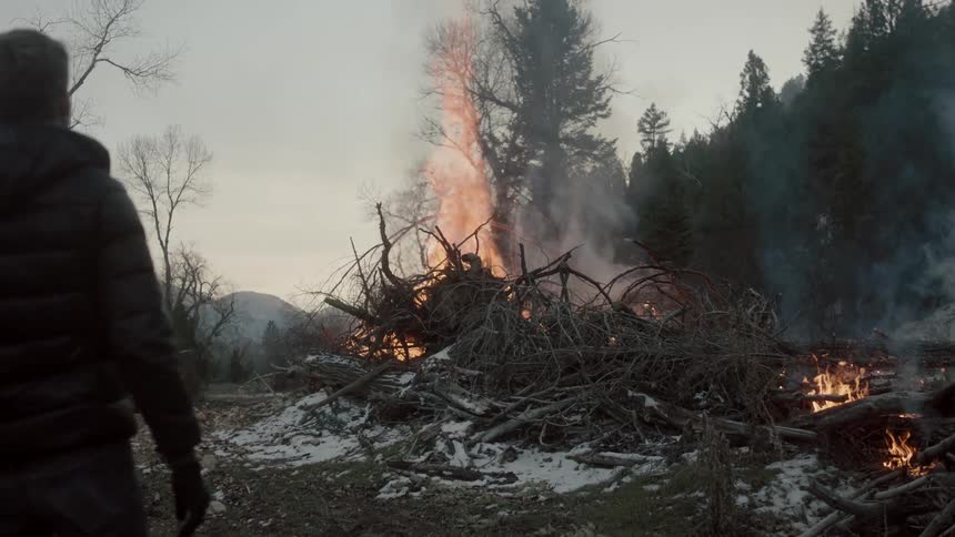 A man wearing a winter jacket stands looking at a large pile of burning tree trunks and branches