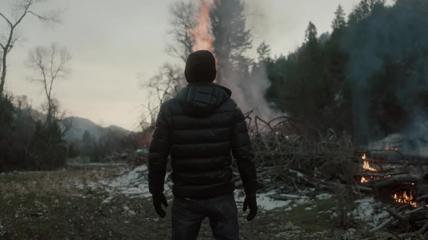 Man wearing coat stands watching a pile of brush burn