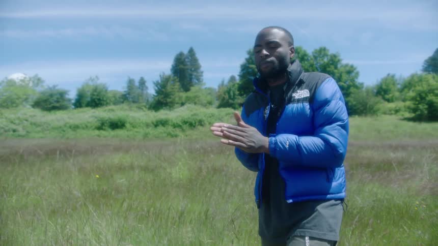 A man is walking through the grass