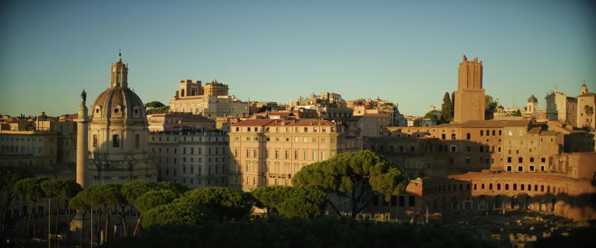 A church and large buildings in a city