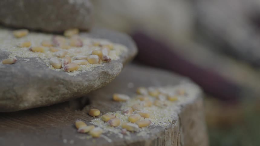 Colored, dry corn cobs sit in a basket next to rocks used for grinding the corn