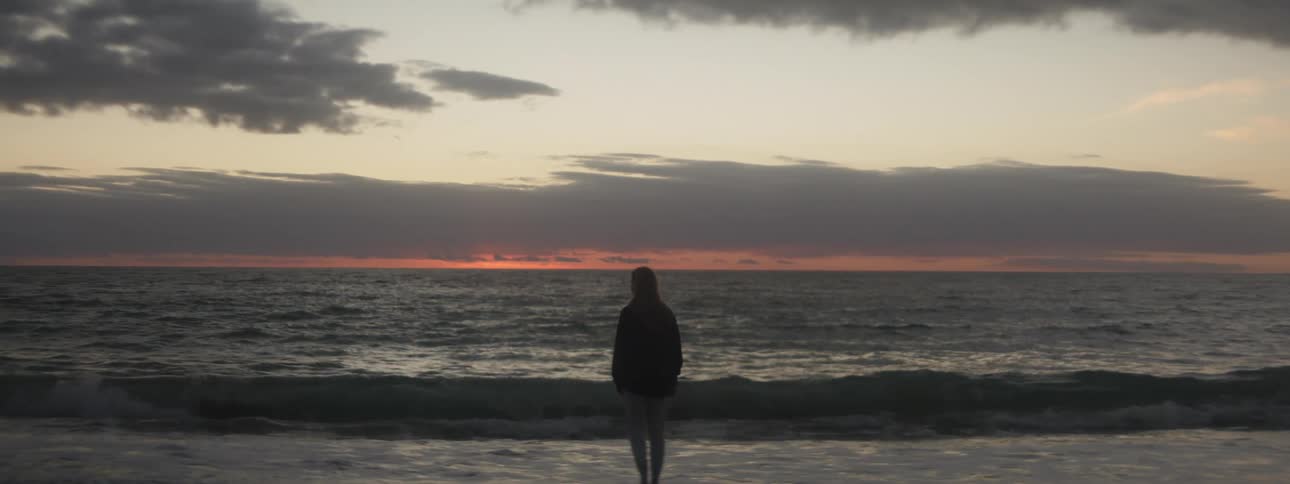 Silhouette of a woman walking on the beach next to the ocean at sunset