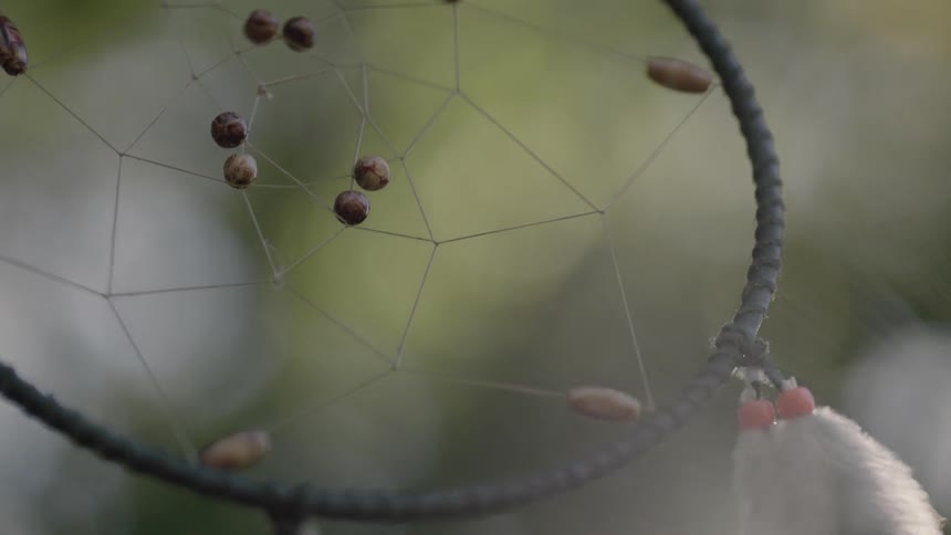 Feathers blow around on a dreamcatcher