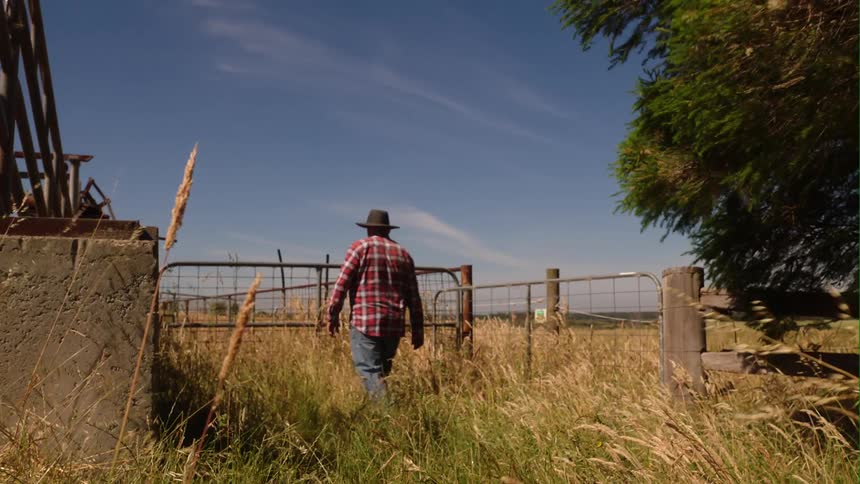 A farmer walks up to a fence on his property