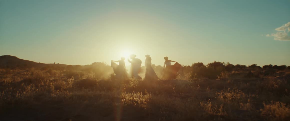 A group of people wave flags as they dance in a field