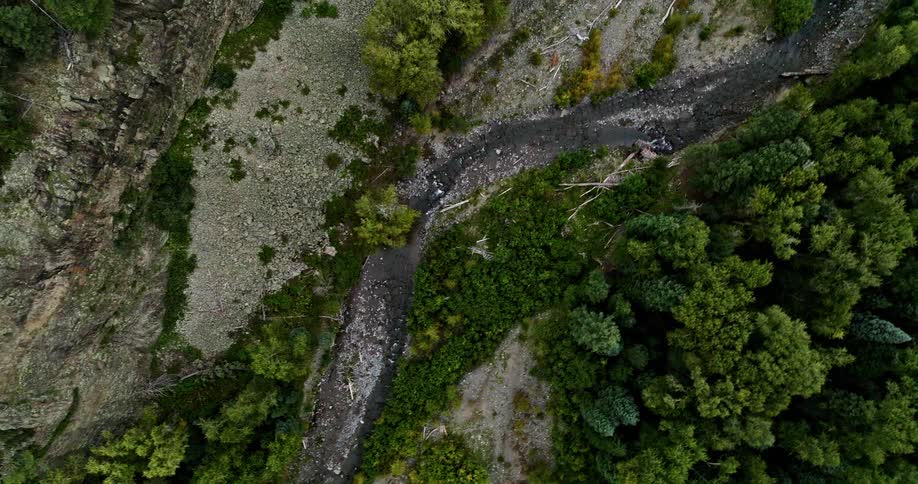 Aerial view of river near cliff and forest
