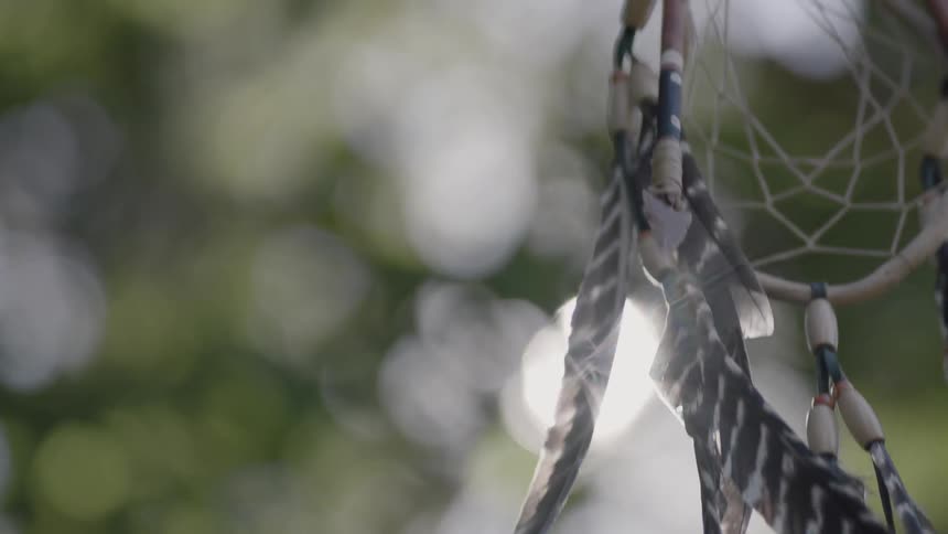 Feathers and beads hang from a dream catcher