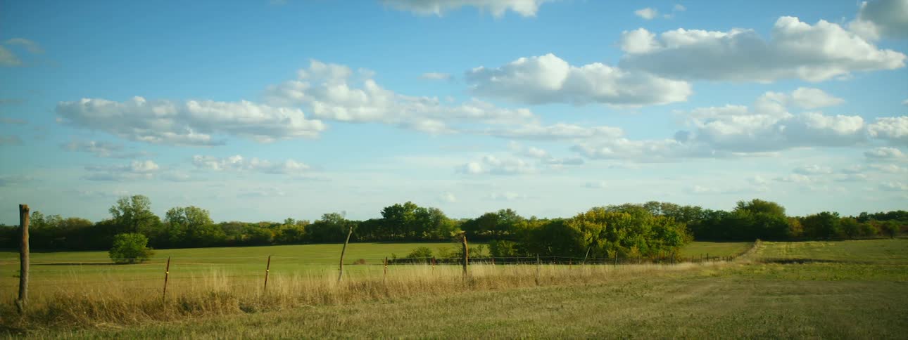 A large rural field split by wire fencing during the day