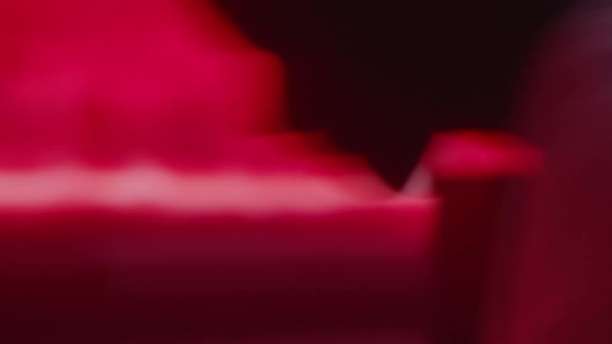 Male keyboard player performs near wall showing colorful digital lines