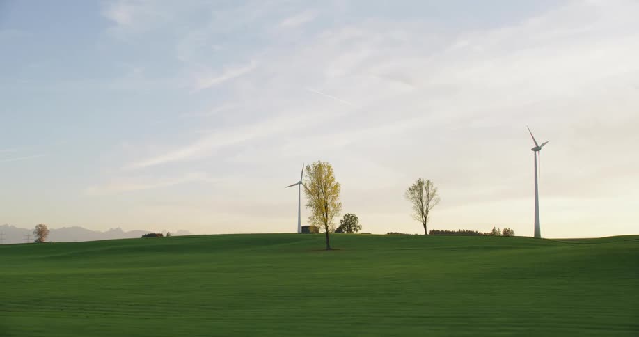 Wind turbines are in a field full of green grass