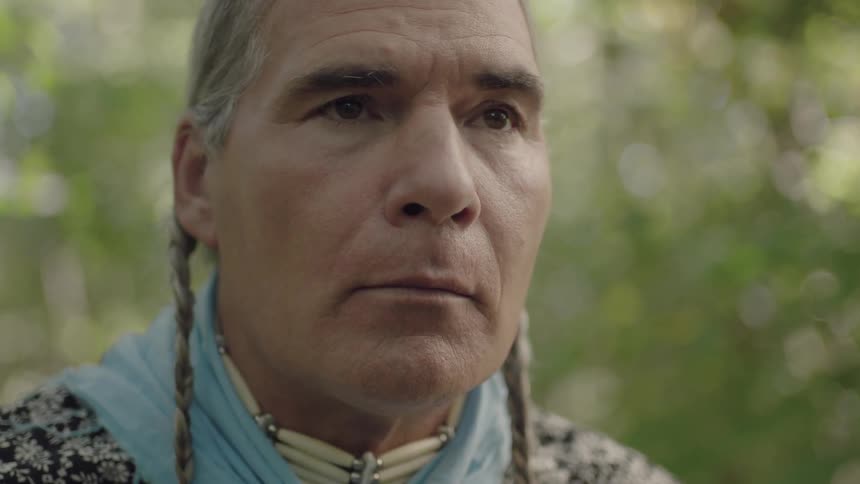 A native american man raises his eyes to the sky