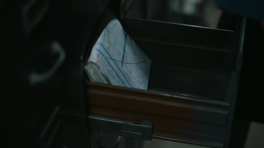 Somebody opens the drawer to a file cabinet and takes out a box