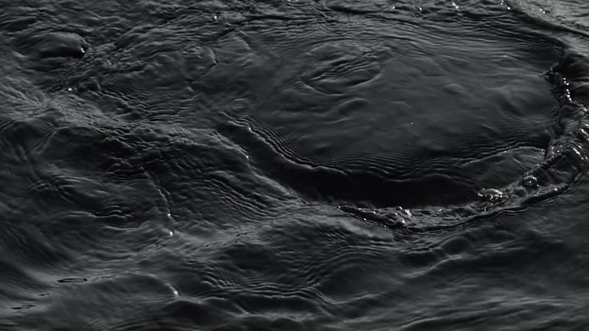Monochrome black and white air bubbles breaking the calm surface of a body of water