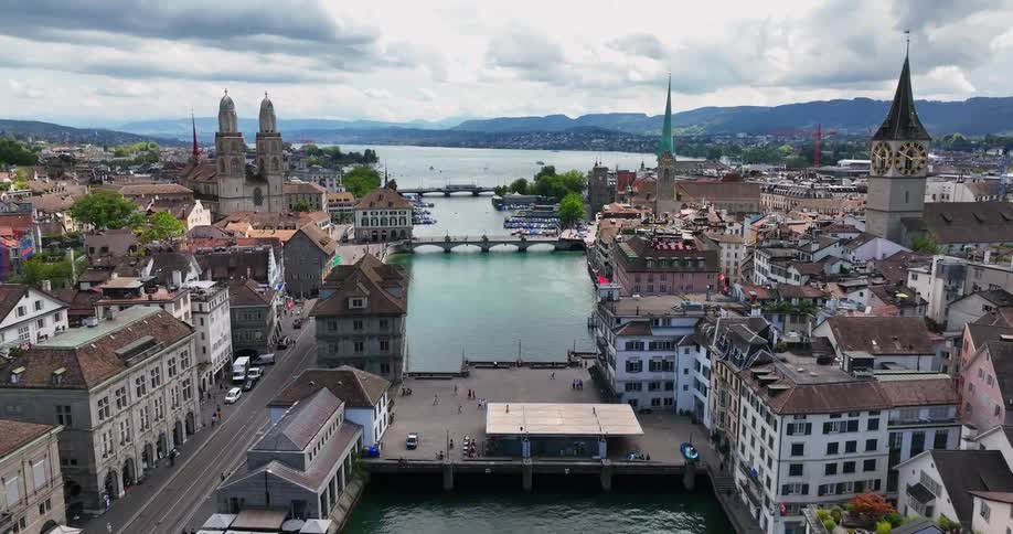 Aerial view of city andzurich lake on cloudy day