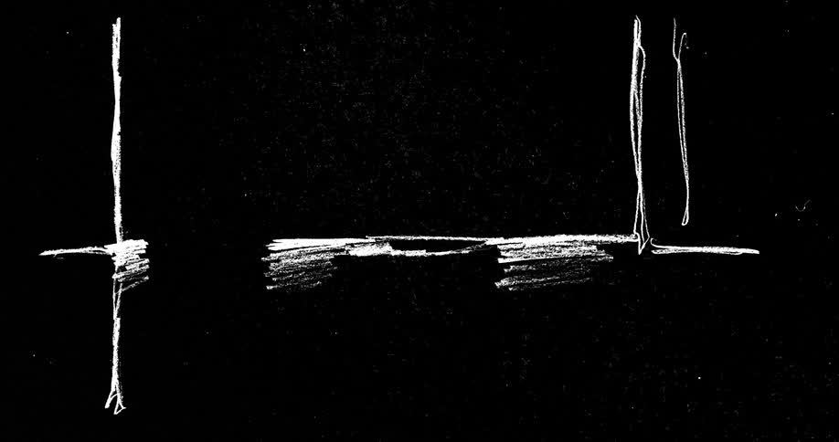 An animated black and white line sketch of a door opening to reveal the legs and feet of a child