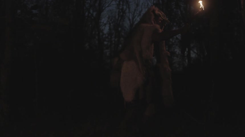A man using a torch to peer into dark woods