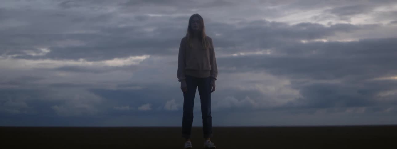 Blonde woman wearing sweater and black pants stands still in the filed at dusk