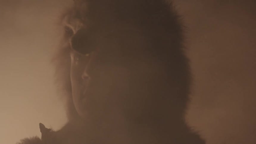 A man wearing fur is standing in a smoke filled area