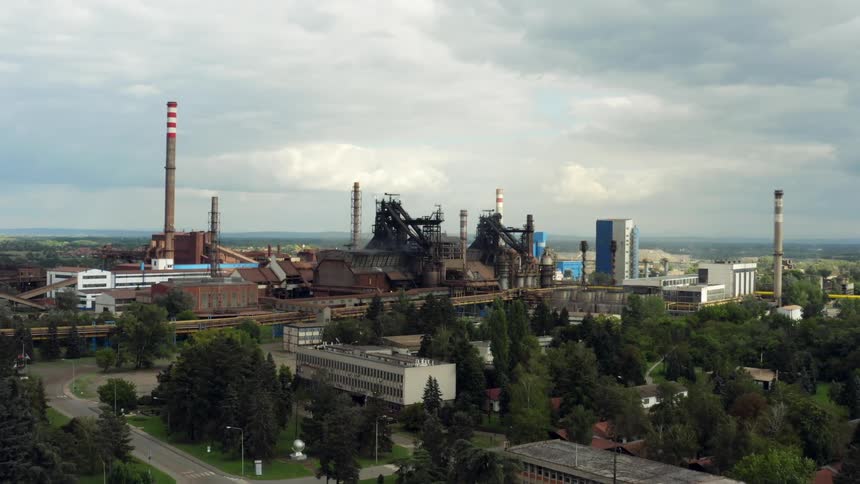 Aerial view of a large power plant or refinery in the plains near Belgrade, Serbia