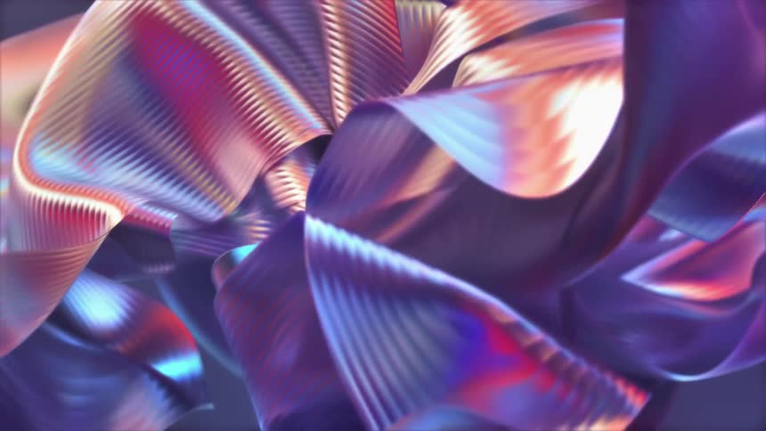 Computer generated graphics of twisting floating shimmering colorful ribbons