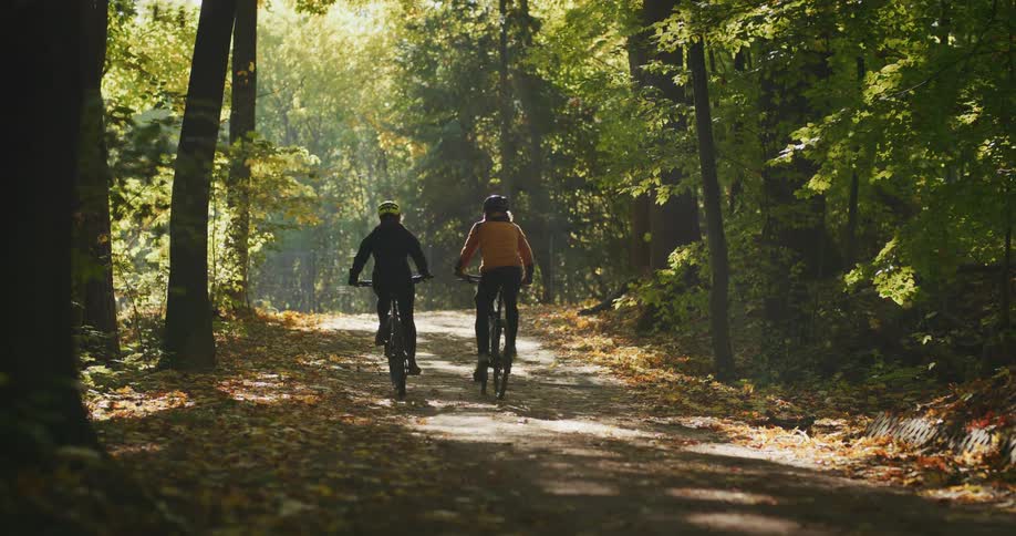 Two people are riding their bicycles on a trail through the woods as one person reaches over and taps the other on the arm as they ride