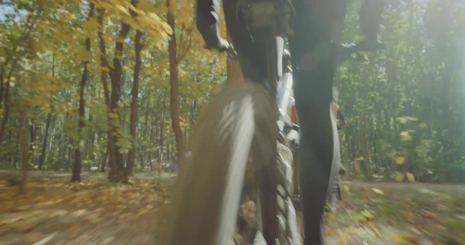 Two women are riding their bicycles in the woods and they reach the main path and ride away