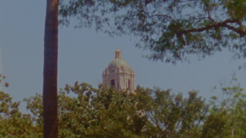 A domed building behind trees with green leaves