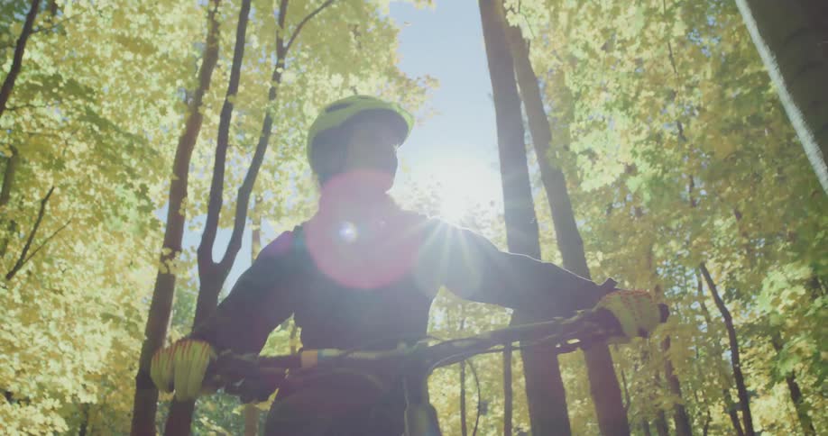 People are riding their bicycles through the forest
