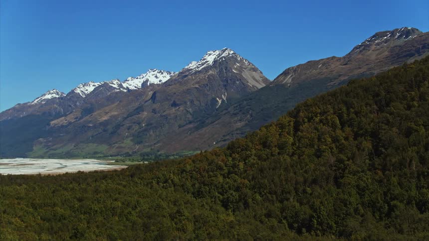 Aerial of native forest park with snow mountains in distance